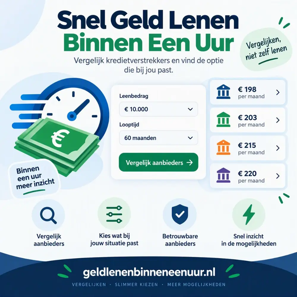 Homepage van GeldLenenBinnenEenUur.nl, een vergelijking van kredietverstrekkers