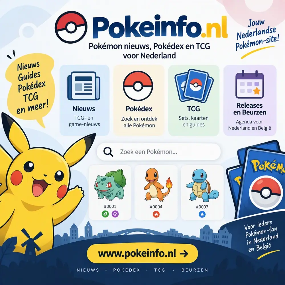Homepage van PokeInfo.nl met nieuws, Pokédex, TCG en releases