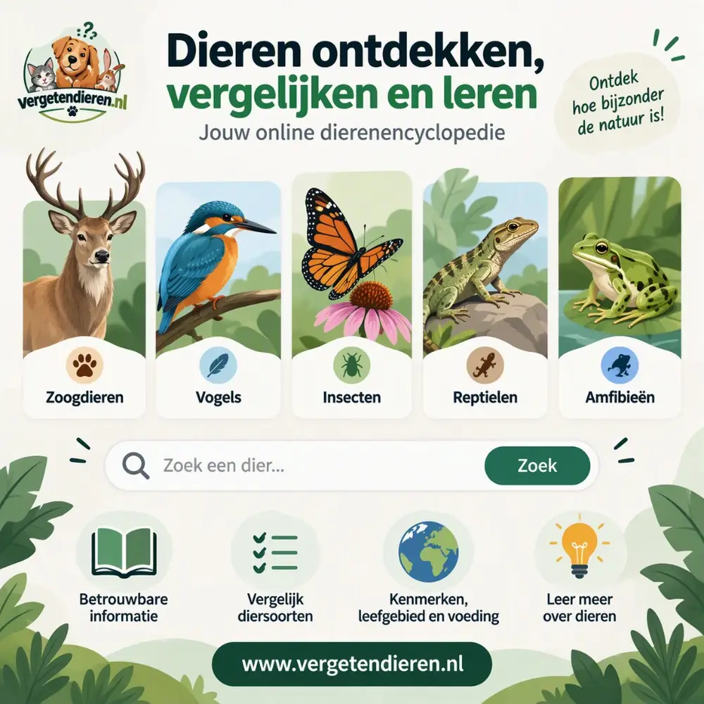 Homepage van VergetenDieren.nl met zoogdieren, vogels, insecten, reptielen en amfibieën